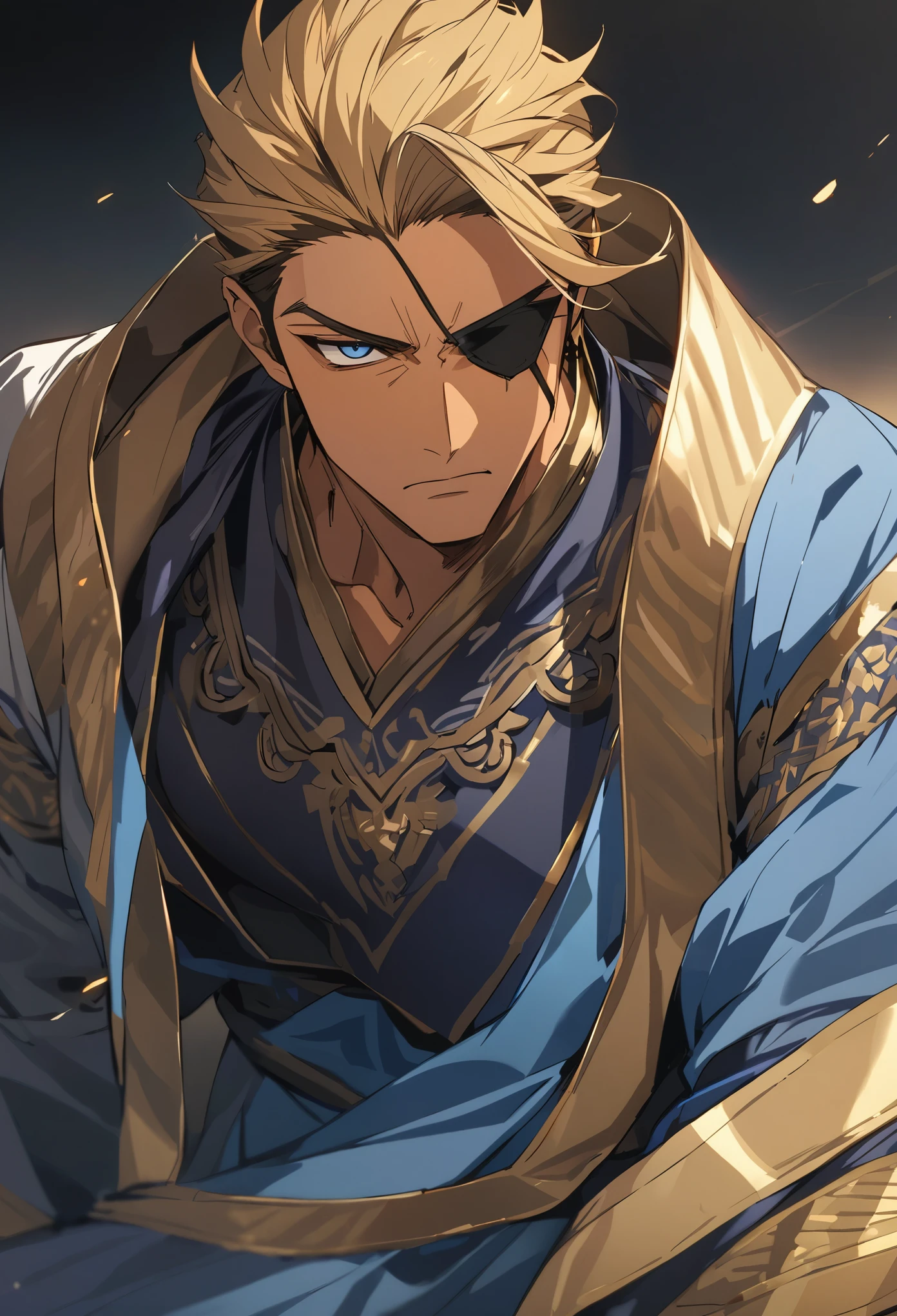 (masterpiece),(Highest quality), (Detailed),One Man,(gold hair color):1.1,A man with a black eyepatch on his right eye and slicked-back hair:1.2,blue eye:1,2,Golden eyebrows,(dark skin:1.3),Blue Arabian costume,Man with a muscular body,Anime man with a serious expression,handsome man:1.2