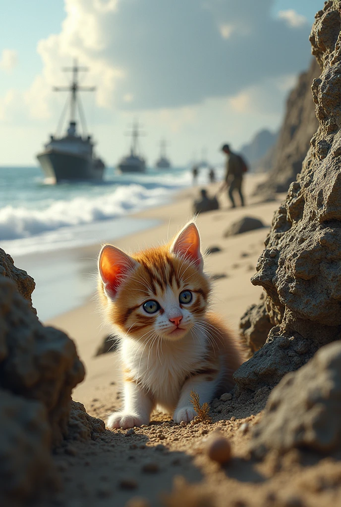 Allied troops landing on the beaches of Normandy, the kitten hides behind a rock, watching the tide of soldiers.