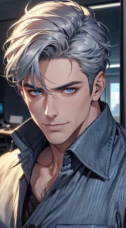 (best quality,4k,8k,highres,masterpiece:1.2),ultra-detailed,(realistic,photorealistic,photo-realistic:1.37),1 man,3,mature man,very handsome,without expression,smile,short grey blue hair,blue eyes,penetrating gaze,perfect face without errors,imposing posture,businessman,office background,cinematic lighting,hdr image