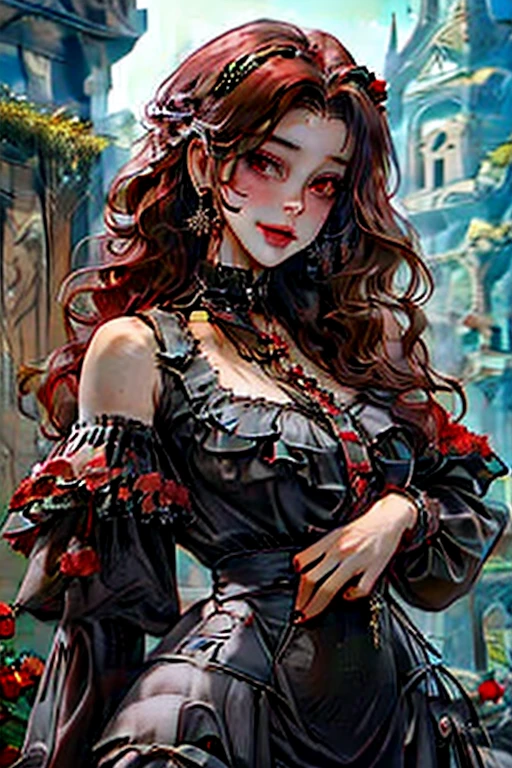 Perfect face. Perfect hands. A brown haired woman with red eyes with an hourglass figure in a frilly Gothic dress is smiling while posing in a red rose garden with a red rose in a Gothic castle