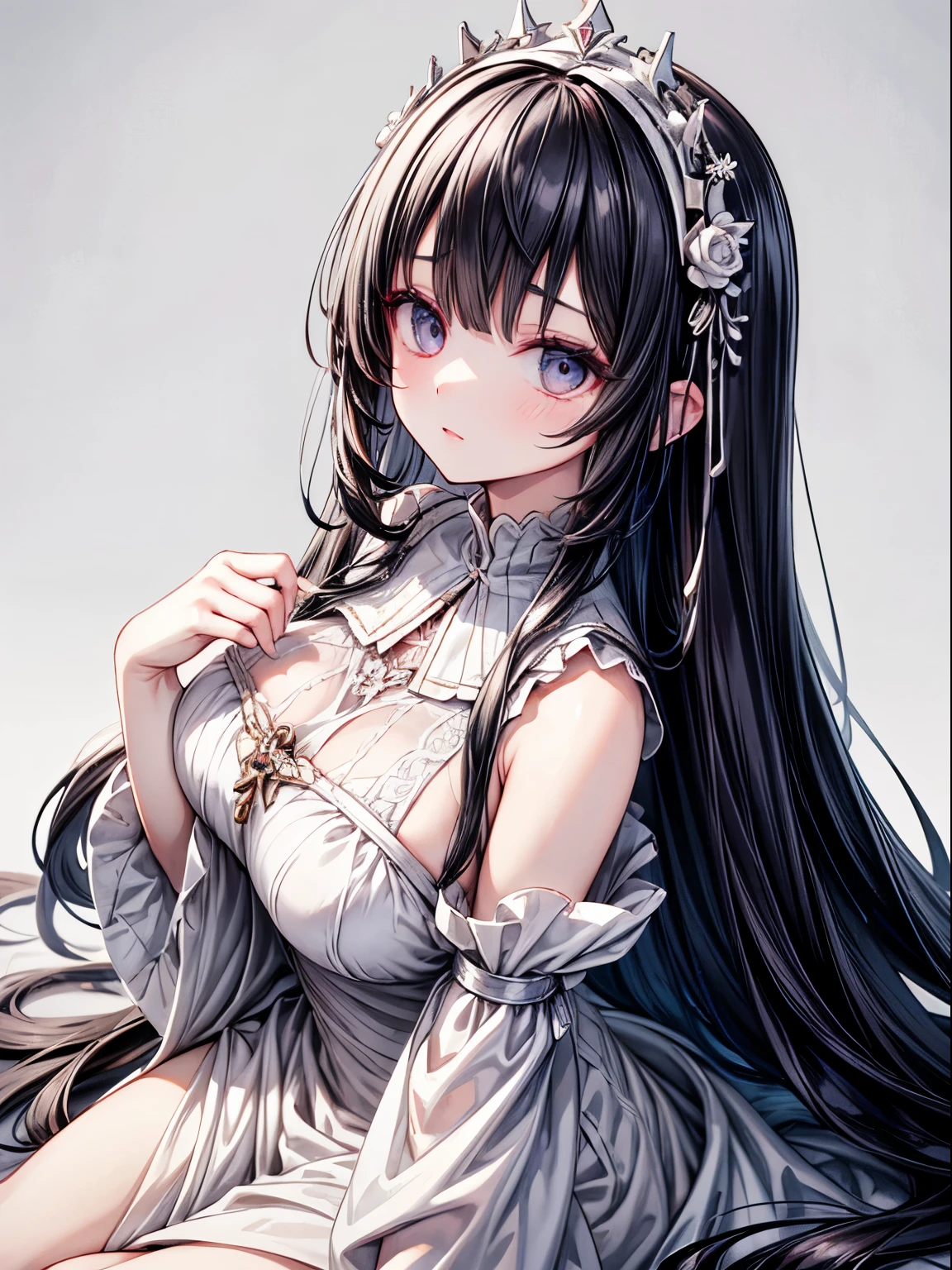 Woman, Wearing a white peasant dress, princesselise, glad, Bblack hair, long hair, dainty, adult, hair with bangs, face detailed, High definition, shingeki no kyojin, eyes black.