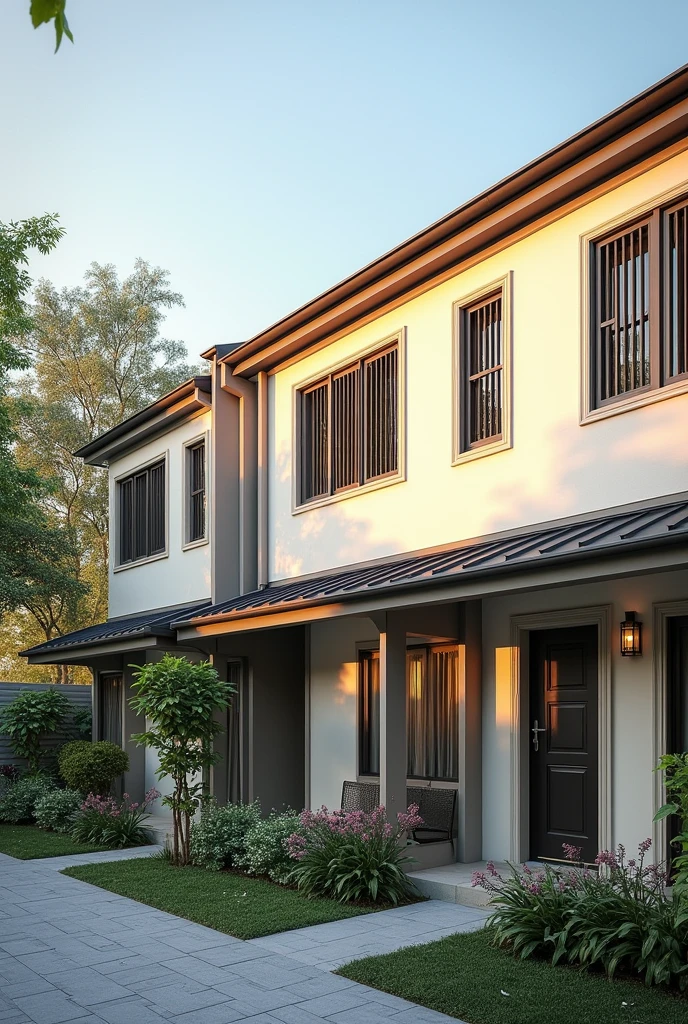 Create a simple double storey terrace structured housing. Arrange on 132 units with playground and nice sunset view