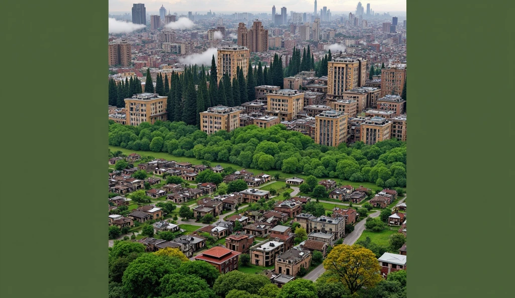 A city, On the right, a sector of tall and opulent buildings and on the left, a sector of poor and small houses without green areas without green areas. They are two sectors of a city that represent social inequality. The two sectors are seen on the same plane side by side..