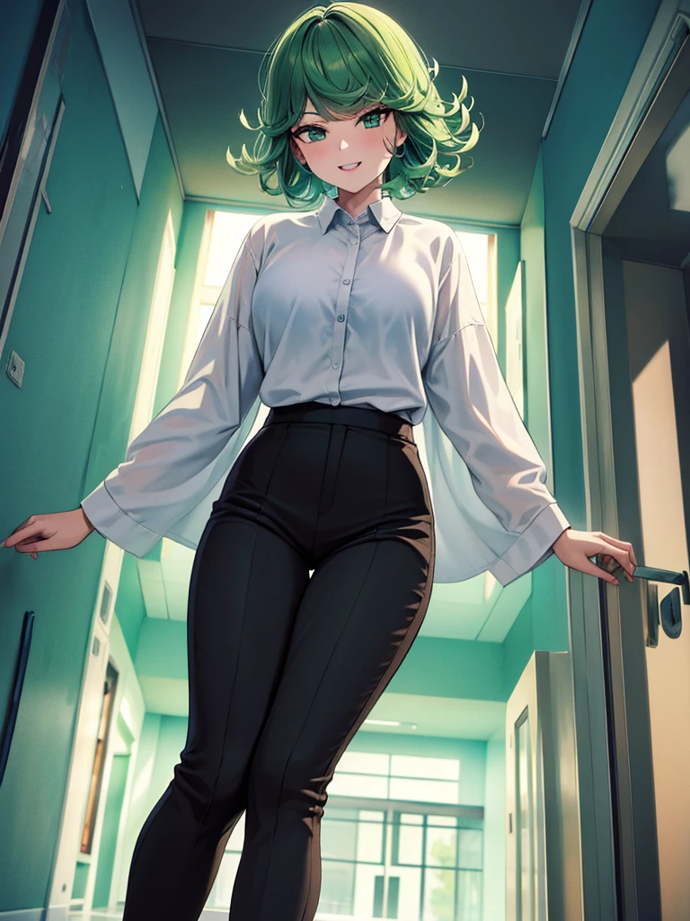 (high res, 8K, masterpiece, looking at viewer, best quality, very aesthetic, ultra detailed, ultra background, ultra Eyes) intricate details, 1girl, Tatsumaki, Wear white long sleeved shirt, long black pants, black loafers, green short hair, green eyes, smile face, Cheeks Flushed, Facing the camera, Background campus hallway, Cinematic Angle