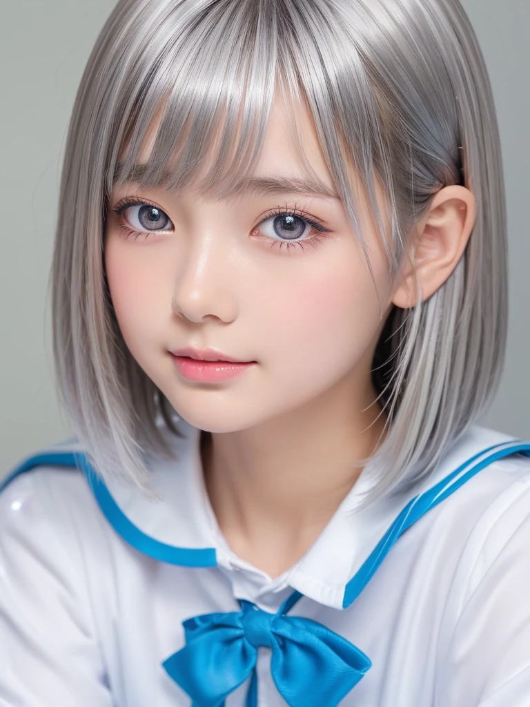 A portrait of a young girl in school uniform, with a bright expression, glowing white skin, glossy face, shimmering cheek gloss, small face, round face, best looks, bright silver hair with shimmering highlights, very beautiful glossy hair, (ultra short silver hair:1.5), beautiful shiny bangs drawing the eyes, shimmering clear alluring bright large pale blue eyes, very large eyes, downturned eyes, eyeliner, thin eyebrows, a very beautiful, lovely, and cute girl, perfect bust,masterpiece,photorealistic, 8k, high quality, masterpiece, realistic portrait