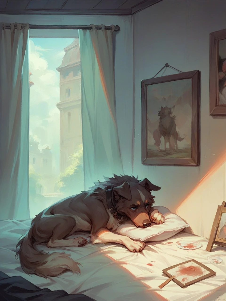 Make a painting design of the dog to remember him for his death, place objects such as a comfortable bed.