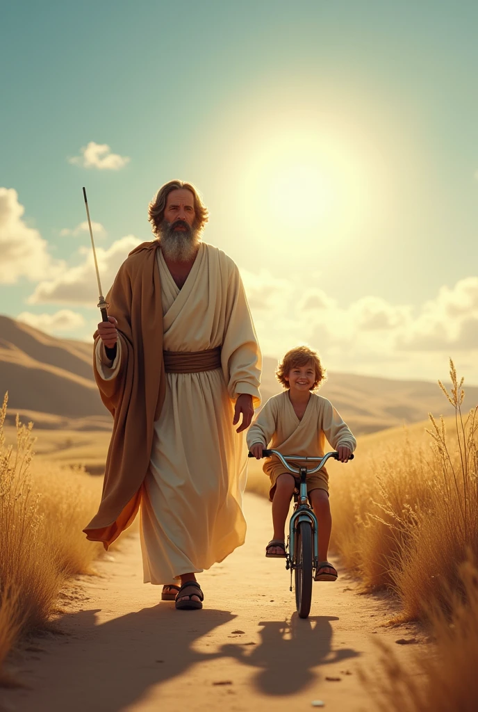 Saint Joseph walking on a dirt road with his  son Jesus riding a small bicycle with a very bright sun and clouds in the sky