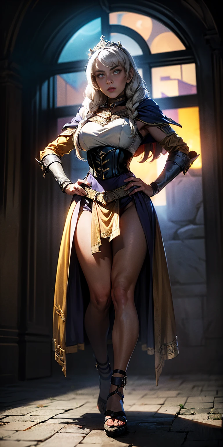 paladin lady in ornate golden armor, black collar, pauldrons, breastplate, corset, glowing halo, single braid, blonde, yellow glowing eyes, bright pupils, eye focus, red cape, temple indoors, stained glass windows, night, moonlight, particles, light beam, chromatic aberration (full body, whole body. 1solo (girl). slave fighter, loincloth standing, hands on hips full body, whole body, 1solo (girl, slave fighter, loincloth standing, hands on hips, metal sandals, leather choker, big belt, view from below, feet together, bracers, tiara)