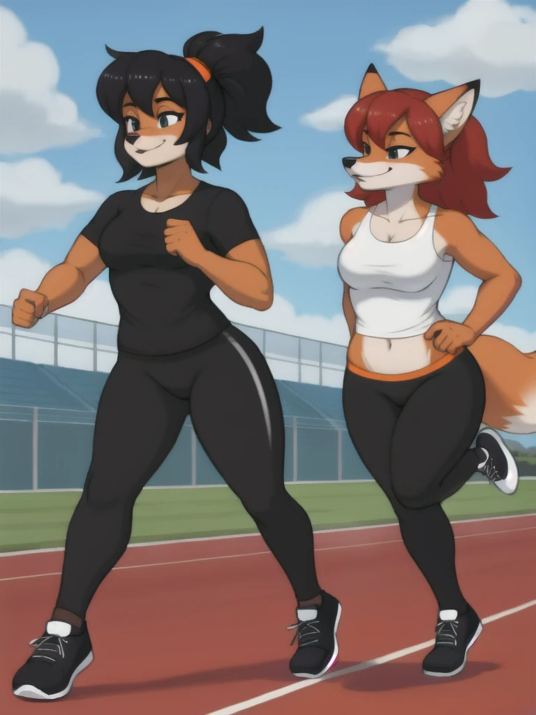 Furry, fox, female, black shirt, black leggings, shoes, running track, friends, full body