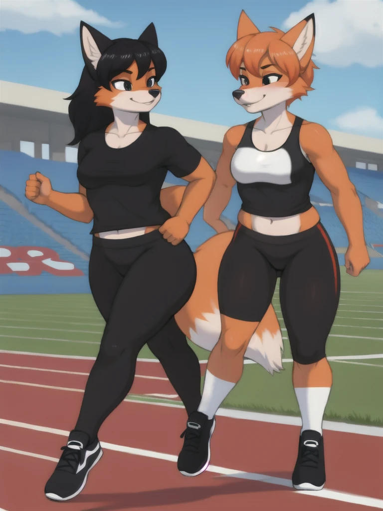 Furry, fox, female, black shirt, black leggings, shoes, running track, friends, full body