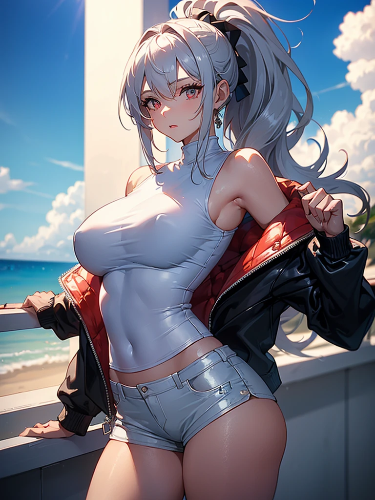 (masterpiece:1.6, best quality), (finely detailed beautiful eyes: 1.2), (Overhead view), high quality, beautiful face, 1girl, wide shot, white tshirt, leather short shorts, oversized leather jacket, open shoulders, red eyes, silver hair, large breasts, ponytail hair, wide hips, badass (leaning to the side, ), beach, background, detailed background,