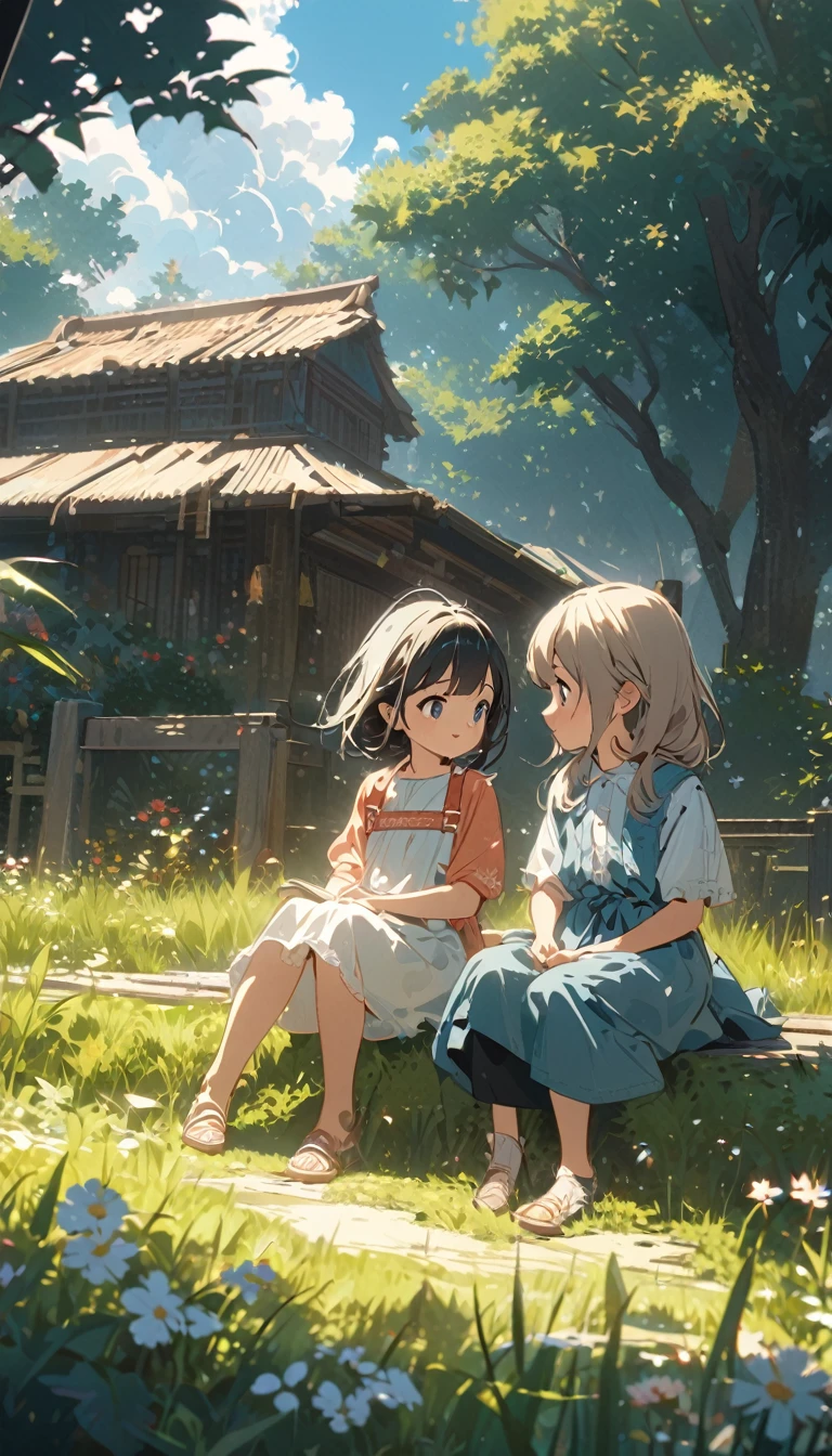 In the summer, Two children sitting on the grass in rural China, Watching the white clouds drift across the blue sky, Surrounded by lush fields under the sun, Create a peaceful and beautiful scenery. Inspired by the style of animation, high resolution, high quality, High Detail, high noise, Fine details, This illustration captures the essence of a quiet country day,The focus is on the children's faces.