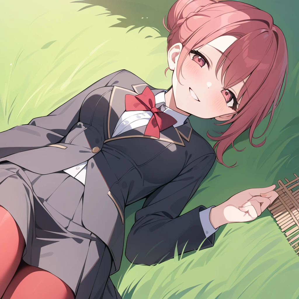 masterpiece, best quality, Fermonica, Hair Bun, Weaving, Red bow tie, Black jacket, Black skirt, Red pantyhose, Upper Body, from above, Supine, Grass, Looking at the audience, tired, Smile, garden