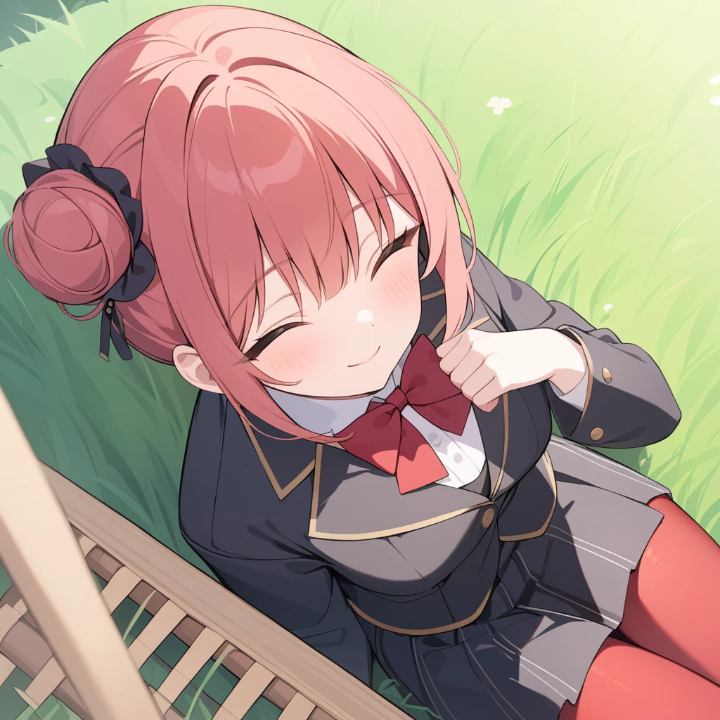 masterpiece, best quality, Fermonica, Hair Bun, Weaving, Red bow tie, Black jacket, Black skirt, Red pantyhose, Upper Body, from above, Supine, Grass, Looking at the audience, tired, Smile, garden