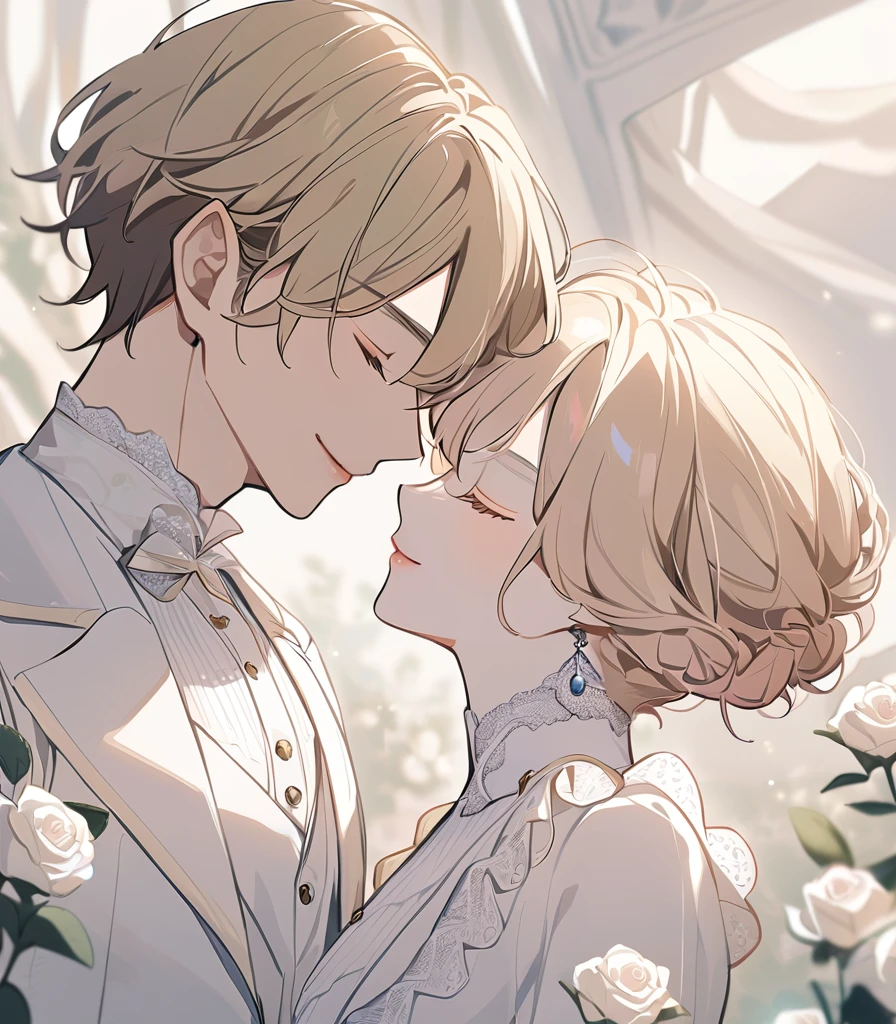 Man with short blond hair and neat hair, with white Victorian suit with ruffles and lace, decorated with white roses. Gentle smile and closed eyes, pale skin with a hint of pink on the cheeks and lips, gentle features.