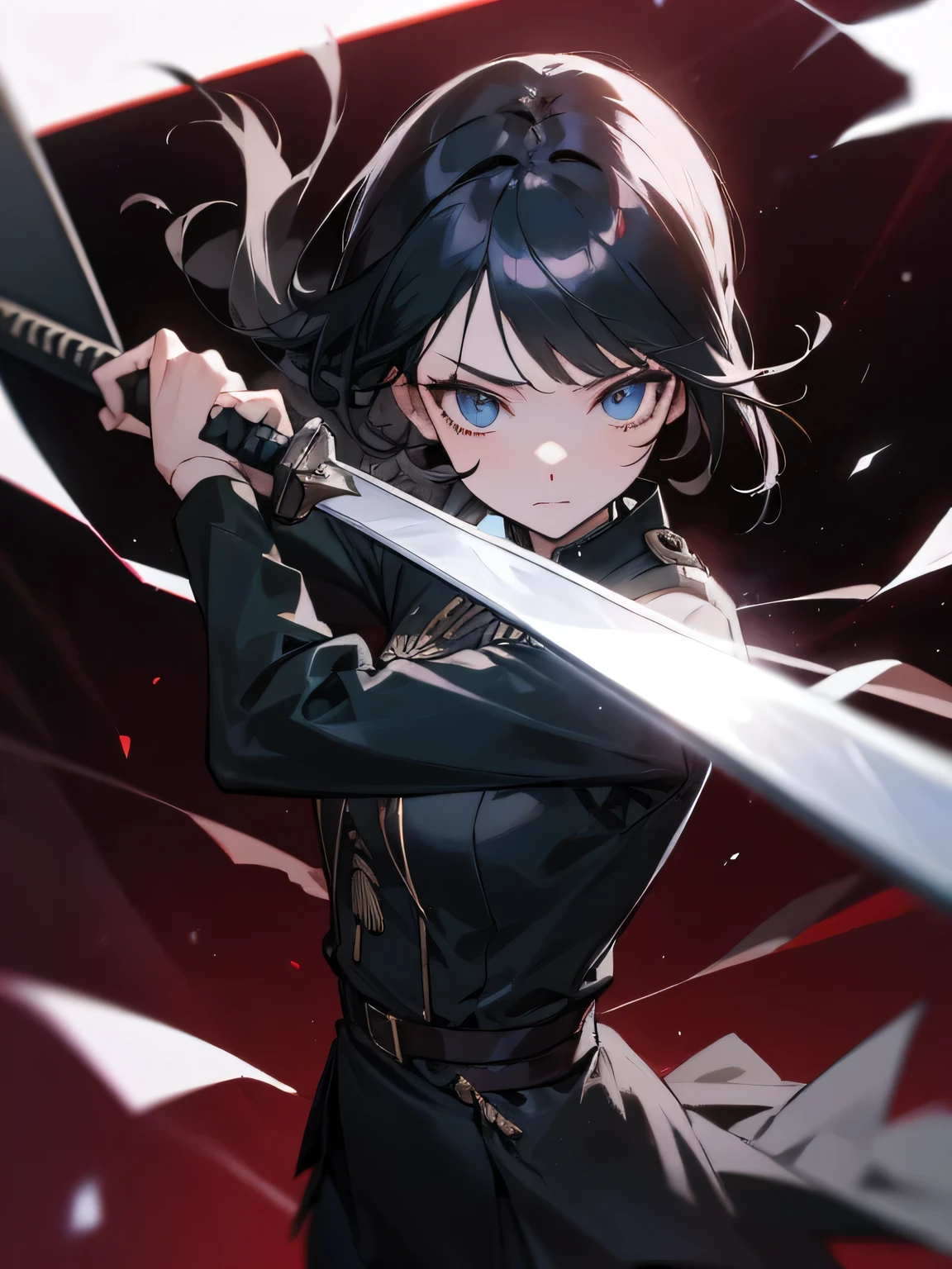 A female swordman,sharp eyes,black uniforn with collar and two-folded uniform,leggings,holding a longsword