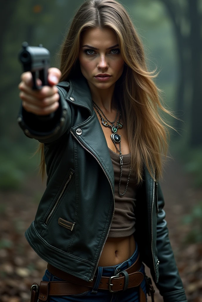 Create a hunter, with some tattoos on the hand related to the huntress, a leather jacket and long, light brown hair, a necklace that wards off the devil and a pistol in hand front image