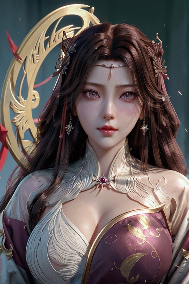 evil anime human woman. half-up long dark brown hair. fair skin. hazel-green eyes. big boobs. Modest Wuxia clothes. snowflake necklace. mauve smirking lips. Realism style. 3D anime model style. CGI animation. Wuxia style. Yun Lan Sect background.