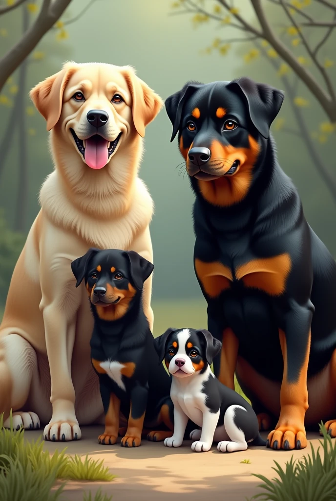 Adult cream-colored labrador dog with medium hair,pink-nosed mutt next to black dog turns into a lara in the colors of a rottweiler, a slightly smaller black dog with a small white spot on her chest, and another dog, a 3-colored mutt, black, white and a little gray