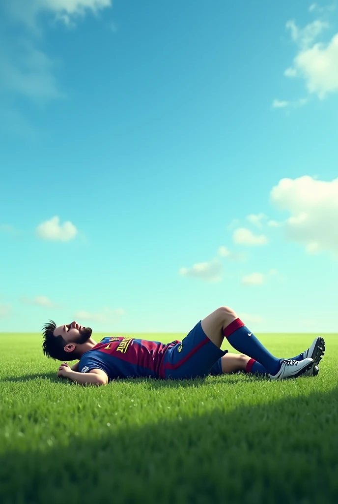 Messi sleeping in the middle of a football field