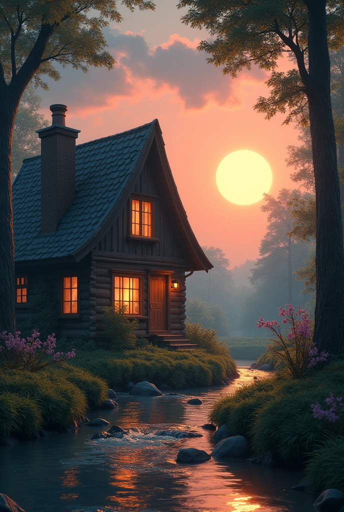 Retro Images,Storytelling,Forest House,The house where the tree frog lives,Ultra-realistic,high resolution,背景は三角屋根のレトロなForest House,There is a chimney on the left side of the roof.,Smoke is rising from the chimney,Sunset in the background,The white full moon is beautiful,Light leaks through the window,looks fun,There is a stream in front of the house