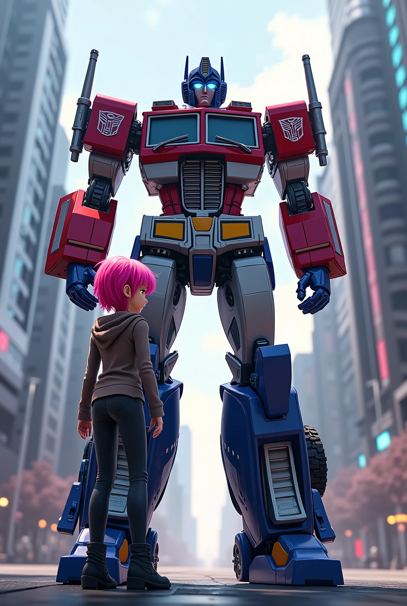 Optimus Prime and Momoe Sawaki, girl, robot, Transformers, mecha, futuristic, cinematic lighting, highly detailed, photorealistic, 8K, (best quality, 4k, 8k, highres, masterpiece:1.2), ultra-detailed, (realistic, photorealistic, photo-realistic:1.37), HDR, UHD, studio lighting, ultra-fine painting, sharp focus, physically-based rendering, extreme detail description, professional, vivid colors, bokeh