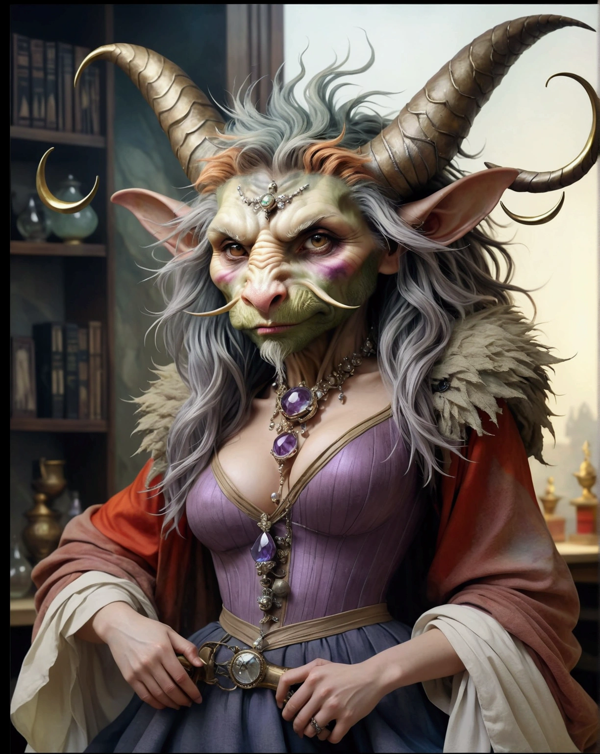 Beautiful goblin women. busty, leggy, lean, lithe. ultra-hourglass-bodytype. Corseted waist. mermaid-skirt. Official Art, Award Winning Digital Painting, Digital Illustration, Extreme Detail, 4k, Ultra Hd, Rococo, Polished, Intricate, Realistic Fantasy Art, Sharp Focus, Concept Art, Art By Wlop, Artgerm, (2d Vector Illustration)