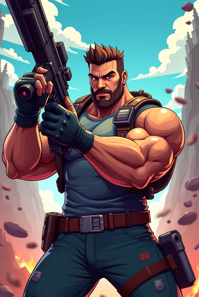 A male character from a battle royale game with a gun in his hand. Cartoon graphic