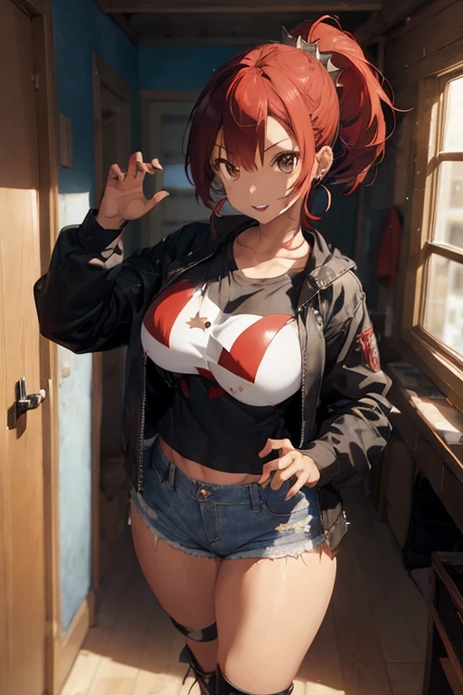 1 female, light skin, red spiky hairstyles, huge breast, thick legs, jean short, black jacket, white t-shirt, earrings, boots, shark tooth, 2010s anime, metal room, guitar, tough girl like