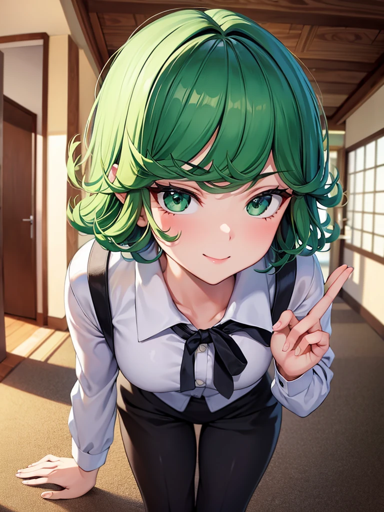 (high res, 8K, masterpiece, looking at viewer, best quality, very aesthetic, ultra detailed, ultra background, ultra Eyes) intricate details, 1girl, Tatsumaki, Wear white long sleeved shirt, long black pants, black loafers, green short hair, green eyes, smile face, Cheeks Flushed, Facing the camera, Background campus hallway, Cinematic Angle