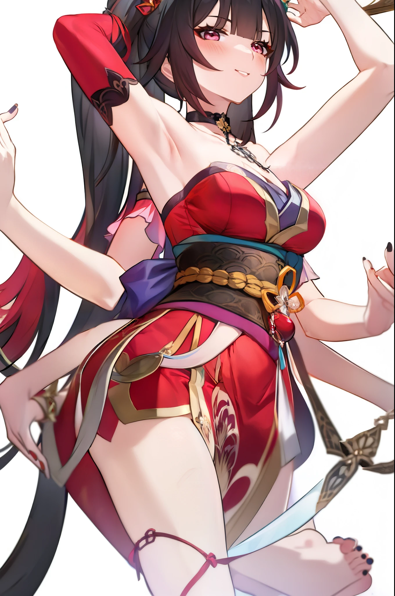 (2 heads:1.3), 1 woman, Sparks \(Honkai: Star Rail\), Twintail, hair accessories, alone, Off shoulder kimono, black nails, Mask on the head, Arms separated,legs apart, choker, heart, Single gloves, Wristband, Hanging rope across, thigh strap, Blush, sit, from below, Focus on the feet, cross your legs., cross your legs, Look at the viewer., Barefoot, suffocate, ecstasy, smileที่เย้ายวนใจ, Pink-red bedroom, sofa,Masterpiece, illustration, beautiful, 4K, 8ก,DSLR Photos, (8ก, 4K, Masterpiece),(Masterpiece, best quality), best resolution, (3 heads:1.5),Arms separated,arm circle, (Put your hands on your head....), (lower hand on ankle), (lower hand on leg), Full content in the frame, full body view, (four arms),(Multi-arm),(many hands), รูปร่างเพรียวบาง Masterpiece,best quality,best resolution,1 woman,many heads, upper body, smile, Facing the audience,big breasts,simple background,หน้าbeautiful,ผมbeautiful,ดวงตาbeautiful,ร่างกายที่beautifulงาม,มือbeautiful,conjoined twins