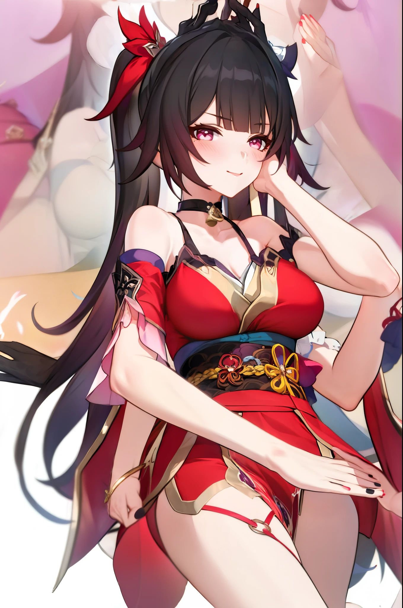 (2 heads:1.3), 1 woman, Sparks \(Honkai: Star Rail\), Twintail, hair accessories, alone, Off shoulder kimono, black nails, Mask on the head, Arms separated,legs apart, choker, heart, Single gloves, Wristband, Hanging rope across, thigh strap, Blush, sit, from below, Focus on the feet, cross your legs., cross your legs, Look at the viewer., Barefoot, suffocate, ecstasy, smileที่เย้ายวนใจ, Pink-red bedroom, sofa,Masterpiece, illustration, beautiful, 4K, 8ก,DSLR Photos, (8ก, 4K, Masterpiece),(Masterpiece, best quality), best resolution, (3 heads:1.5),Arms separated,arm circle, (Put your hands on your head....), (lower hand on ankle), (lower hand on leg), Full content in the frame, full body view, (four arms),(Multi-arm),(many hands), รูปร่างเพรียวบาง Masterpiece,best quality,best resolution,1 woman,many heads, upper body, smile, Facing the audience,big breasts,simple background,หน้าbeautiful,ผมbeautiful,ดวงตาbeautiful,ร่างกายที่beautifulงาม,มือbeautiful,conjoined twins
