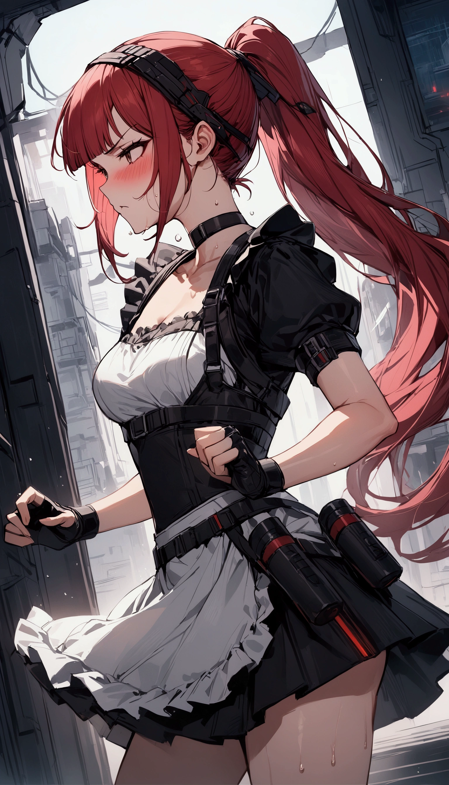 from side,cowboy shot,1girl solo,Female fighter ,maid outfit, ,{{White frilled apron:1.6}},collarbone, {{white puff sleeves:1.4}}, {{White short-sleeved puff-sleeved blouse:1.6}},,black shoulder straps, black corset, black flared skirt, blunt bangs, black choker. Dynamic composition,dutch angle,fighting stance,{{fight}},{{masterpiece}}, {{{Highest quality}}},{{Very detailed}},holster ,Fight,,{{v-shaped eyebrows}},Bad mood,blush,Sweat,raise one's eyebrows ,Black hair Long hair,Blunt bangs ,Red hair band,cyberpunk ,Black fingerless gloves ,ponytail,Training area,Indoor