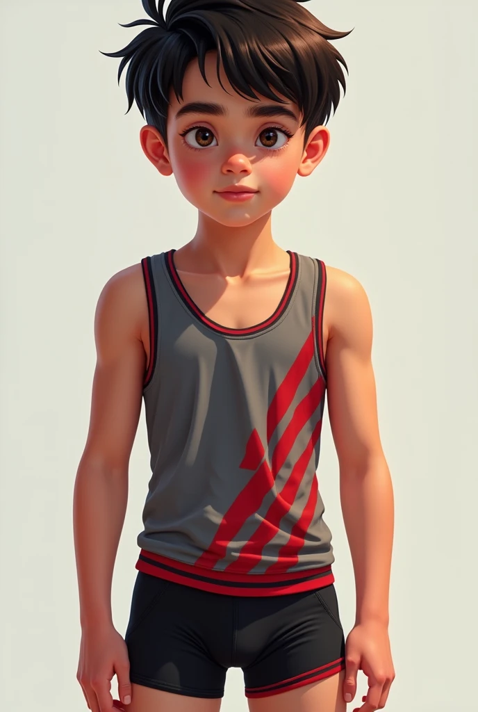 A 2    boy in tank top under vest with red colour stripline on tank top under vest and were black trunk underwear and red colour stripline on trunk underwear 