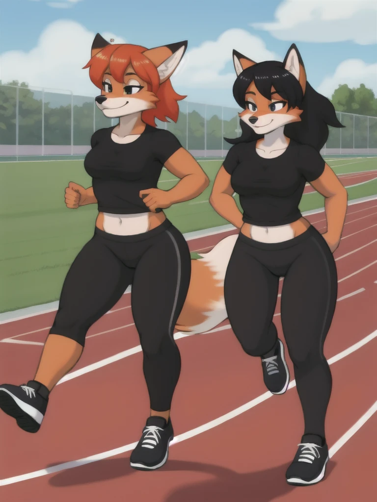 Furry, fox, female, black shirt, black leggings, shoes, running track, friends, full body