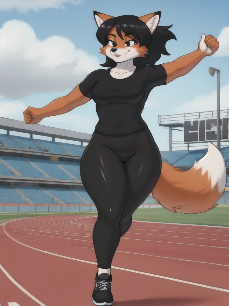 Furry, fox, female, black shirt, black leggings, shoes, running track, friends, full body