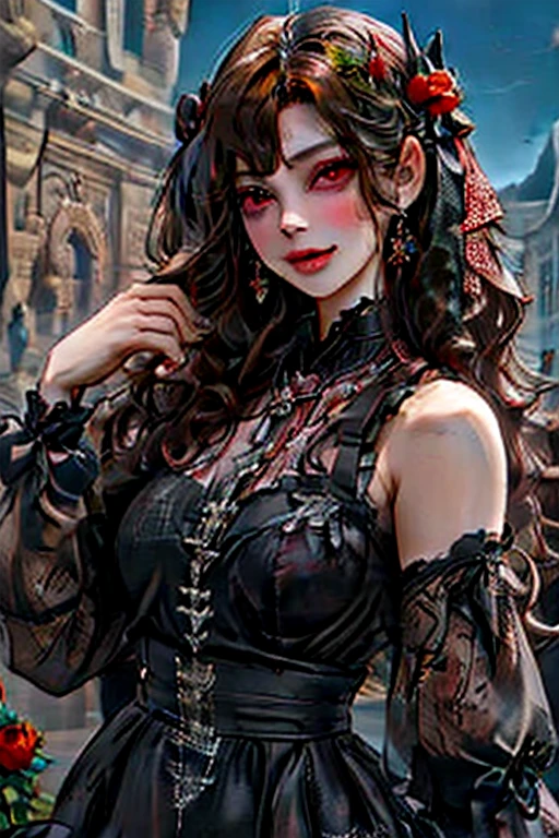 Perfect face. Perfect hands. A brown haired woman with red eyes with an hourglass figure in a frilly Gothic dress is smiling while drinking tea in a red rose garden with a red rose in a Gothic castle