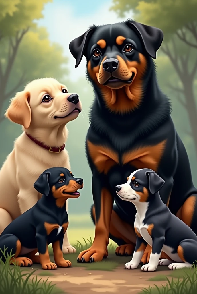 Adult cream-colored labrador dog with medium hair,pink-nosed mutt next to black dog turns into a lara in the colors of a rottweiler, a slightly smaller black dog with a small white spot on her chest, and another dog, a 3-colored mutt, black, white and a little gray