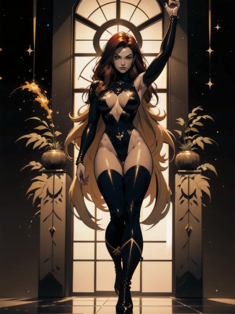 1girl, solo, Jean Grey of X-men, high leg cut out unitard of black and gold, boob window in unitard, ((thighs showing)), ((calf-high boots)) , (mandala tattoos on thighs (color:1.27)), color phoenix on chest, floating in space, arms out in power pose, 1 leg crossed in front of the other, dramatic cosmic background, moody lighting, 16k, best quality, masterpiece, (wide angle:1.27), full length portrait