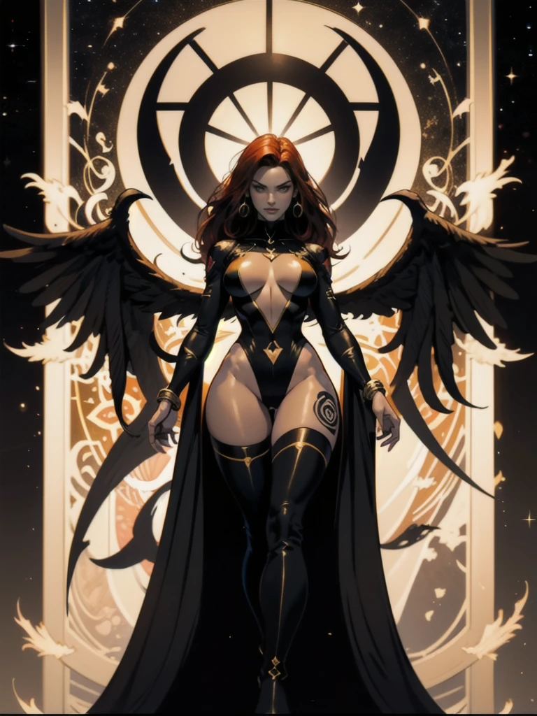 1girl, solo, Jean Grey of X-men, high leg cut out unitard of black and gold, boob window in unitard, ((thighs showing)), ((calf-high boots)) ,  (mandala tattoos on thighs (color:1.27)), color phoenix on , floating in space, arms out in power pose, 1 leg crossed in front of the other, dramatic cosmic background, moody lighting, 16k, best quality, masterpiece, (wide angle:1.27), full length portrait 