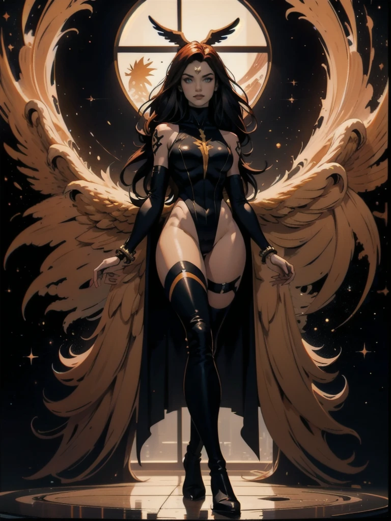 1girl, solo, Jean Grey of X-men, high leg cut out unitard of black and gold, boob window in unitard, ((thighs showing)), ((calf-high boots)) ,  (mandala tattoos on thighs (color:1.27)), color phoenix on chest, floating in space, arms out in power pose, 1 leg crossed in front of the other, dramatic cosmic background, moody lighting, 16k, best quality, masterpiece, (wide angle:1.27), full length portrait 