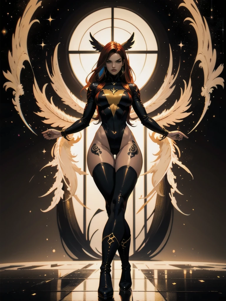 1girl, solo, Jean Grey of X-men, high leg cut out unitard of black and gold, boob window in unitard, ((thighs showing)), ((calf-high boots)) ,  (mandala tattoos on thighs (color:1.27)), color phoenix on chest, floating in space, arms out in power pose, 1 leg crossed in front of the other, dramatic cosmic background, moody lighting, 16k, best quality, masterpiece, (wide angle:1.27), full length portrait 