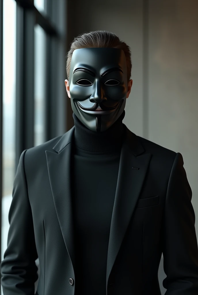 Make an image of an anonymous entrepreneur who looks confident with an anonymous mask on his face