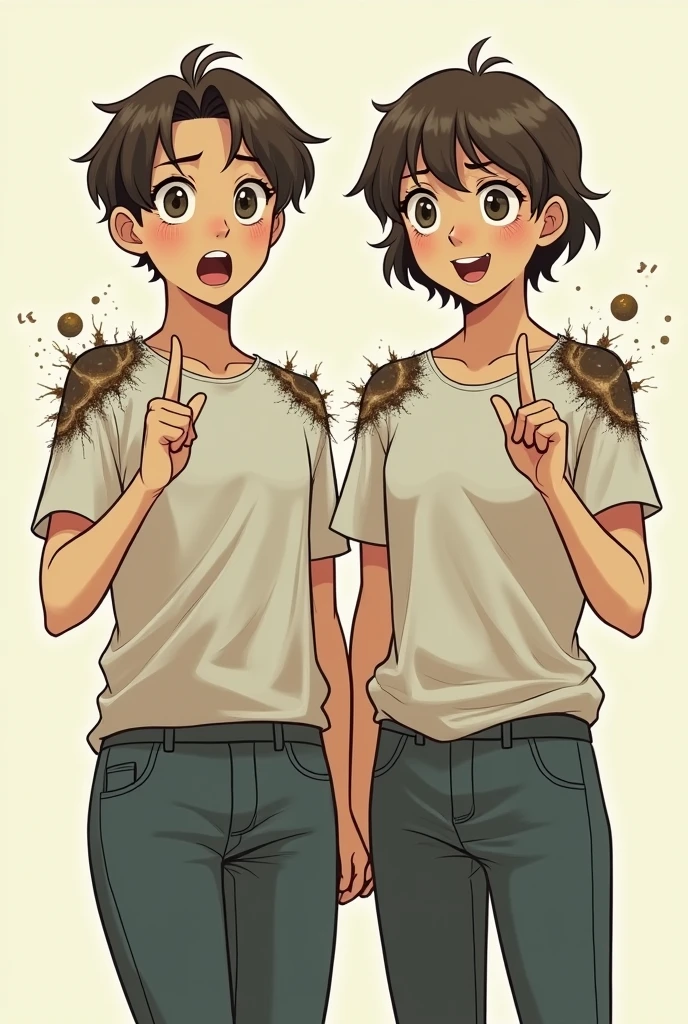 I want to draw two people side by side doing a double take with their arms forward, one arm close to the other making a finger gesture as if they were going to do a take, the one on the right is without the hand on the left arm and on the shoulder of the right arm there is a kind of crack or portal and the other character has the same thing but on the left arm that is