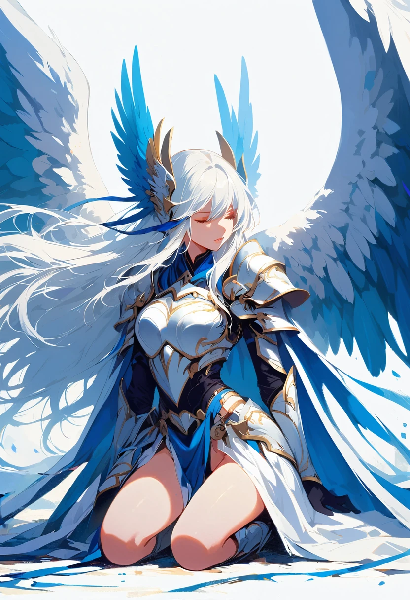 1girl angel angel_wings armor feathers_Long wing feathers_Hair Shoulder Armor Shoulder_Armor single piece_Upper wing separation_The body is white_Theme blue_Wings Wings Leg Armor