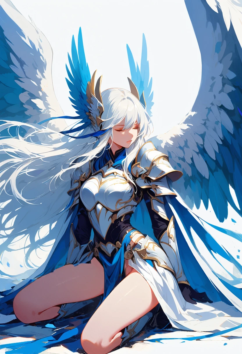 1girl angel angel_wings armor feathers_Long wing feathers_Hair Shoulder Armor Shoulder_Armor single piece_Upper wing separation_The body is white_Theme blue_Wings Wings Leg Armor
