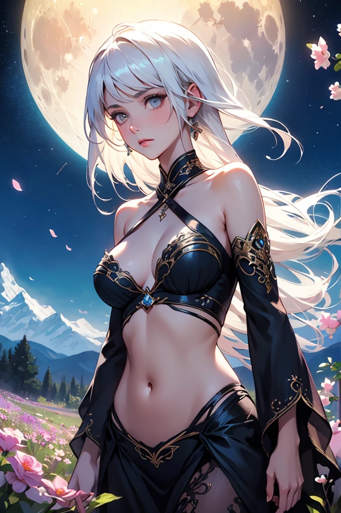 masterpiece, best quality, highly detailed, 1girl, white hair, Exposed shoulders, exposed tummy, fantasy clothing, A girl in a field of flowers, mountains in the distance, a large moon, night sky. Fantastic ambiance.
