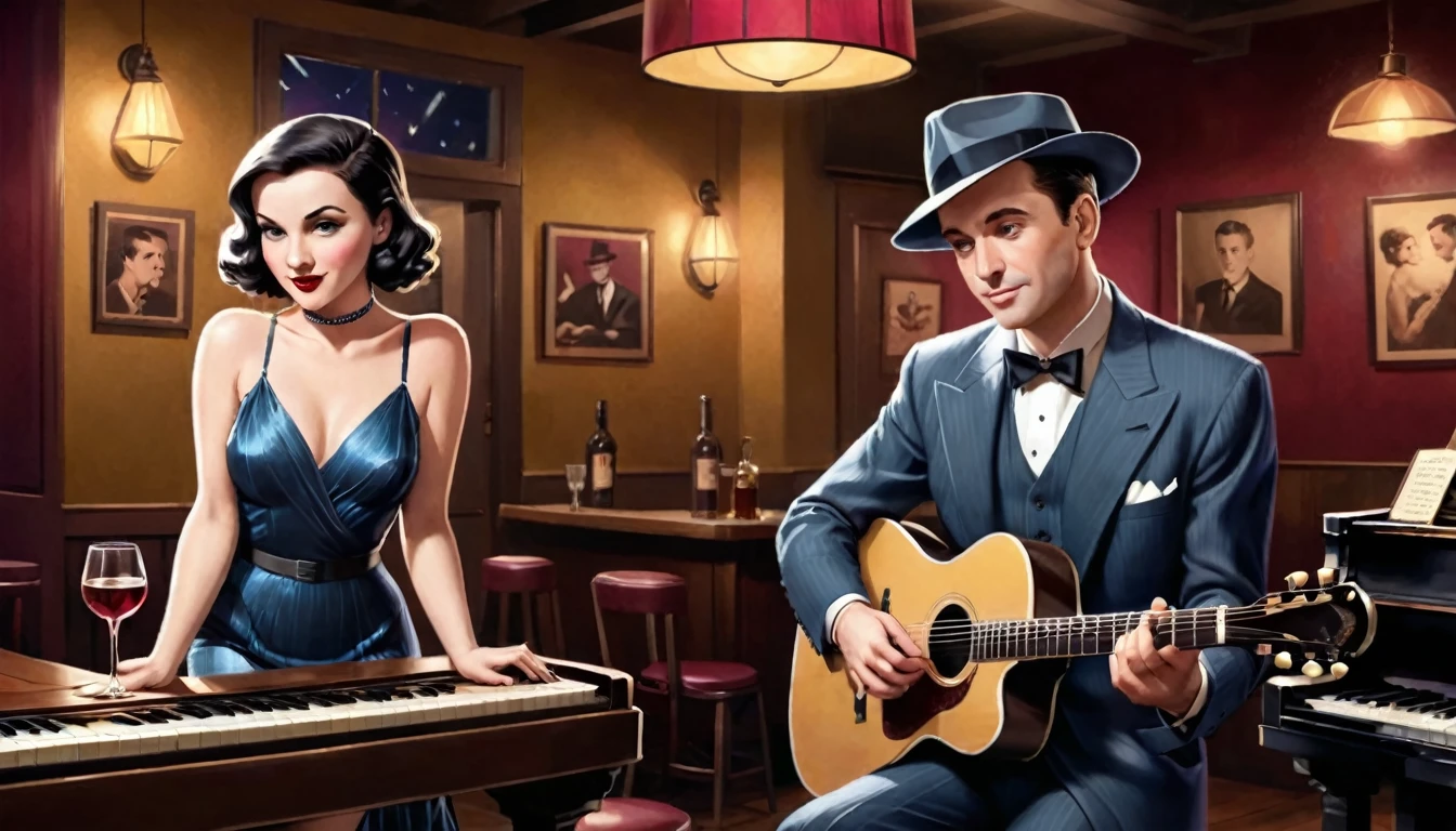 There is a man playing the piano and a woman playing the flute., inspired by Art Frahm, film noir jazz bar, Speakeasy bar background, Then Martin, Then Martin artwork portrait, Background artwork, Inspired by Roy Dargano, Wayne England, stylized digital illustration, Kenton Nelson, Fan art, Official artwork, 1 9 3 0 S Jazz Club