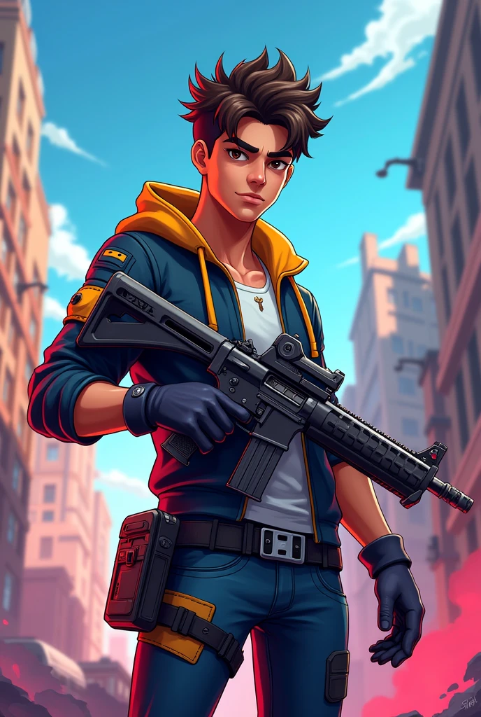 A male teenage character from a battle royale game with a gun in his hand. Cartoon graphic