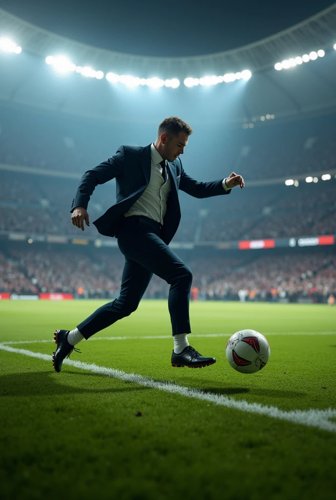 Man in elegant clothes kicking a penalty inside a full football stadium 
